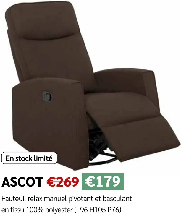 Offre: Ascot Fauteuil relax manuel pivotant et basculant