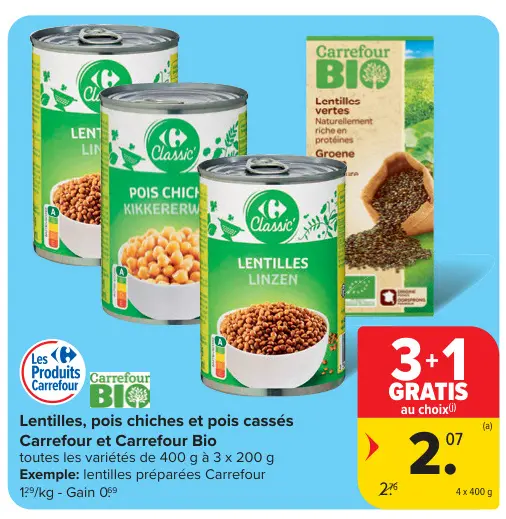Offre: Lentilles, pois chiches et pois cassés