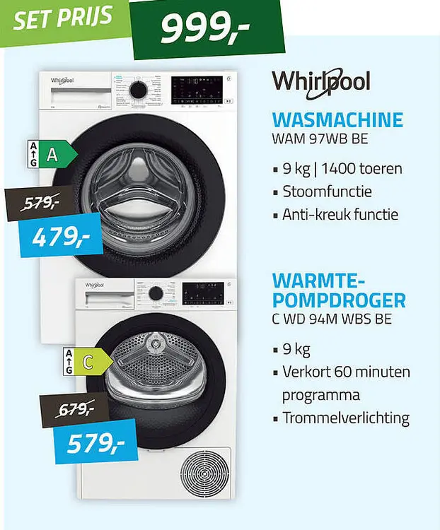 Aanbieding: Wasmachine wam 97wb be & warmte-pompdroger c