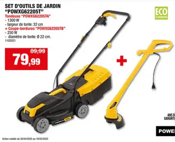 Offre: Powerplus POWXG62205T tondeuse électrique 1300W 32cm + coupe-bordures électrique 250W 22cm