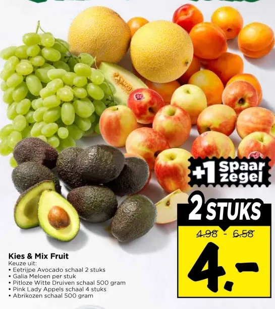 Eetrijpe avocado, galia meloen, pitloze witte druiven, pink lady appels, abrikozen