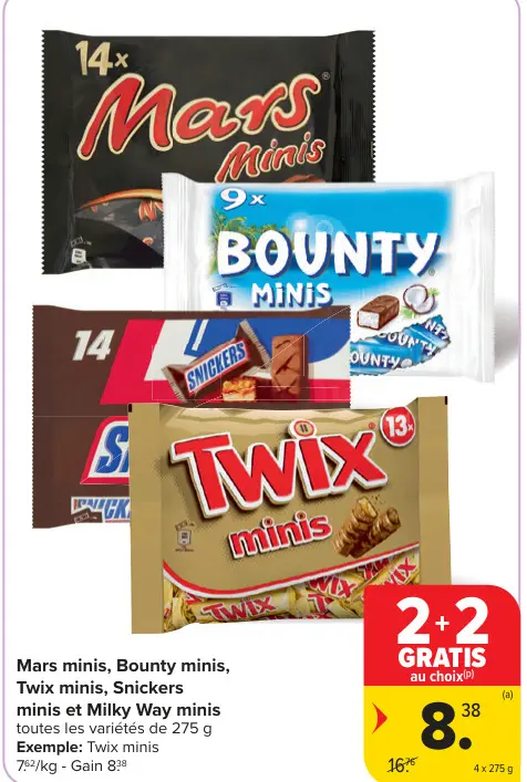 Offre: Mars minis, Bounty minis, Twix minis, Snickers et milky way