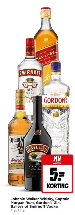 Aanbieding: Johnnie Walker Whisky, Captain Morgan Rum, Gordon's Gin, Baileys of Smirnoff Vodka