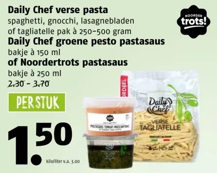 Aanbieding: Daily chef verse pasta, Daily Chef groene pesto pastasaus of Noordertrots pastasaus