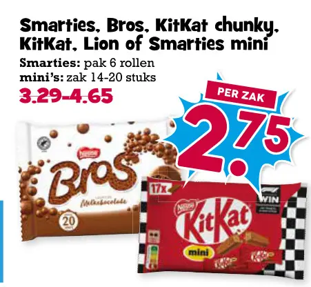 Aanbieding: Smarties, Bros, KitKat chunky, KitKat, Lion of Smarties mini