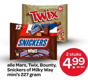 Aanbieding: Mars, Twix, Bounty, Snickers of Milky Way mini's