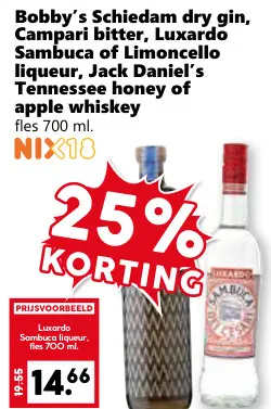 Aanbieding: Bobby's Schiedam dry gin, Campari bitter, Luxardo Sambuca of Limoncello liqueur, Jack Daniel's Tennessee honey of apple whiskey