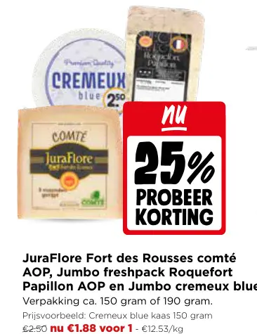Promotie: JuraFlore Fort des Rousses comté AOP, Jumbo freshpack Roquefort Papillon AOP en Jumbo cremeux blue