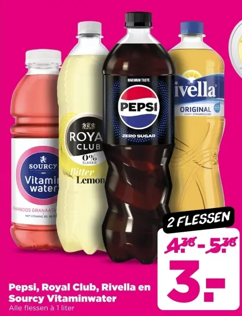 Aanbieding: Pepsi, Royal Club, Rivella en Sourcy Vitaminwater
