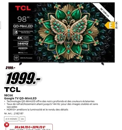 Offre: TCL 98C6K Google TV QD-MiniLED