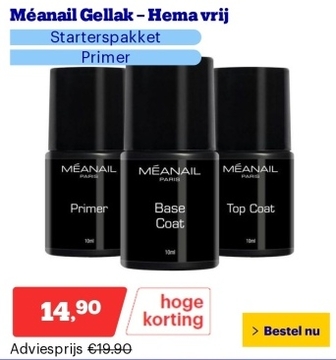 Aanbieding: Méanail Gellak – Hema vrij - Starterspakket - Primer - Base Coat - Top Coat - 3x 10ml - Gel nagellak