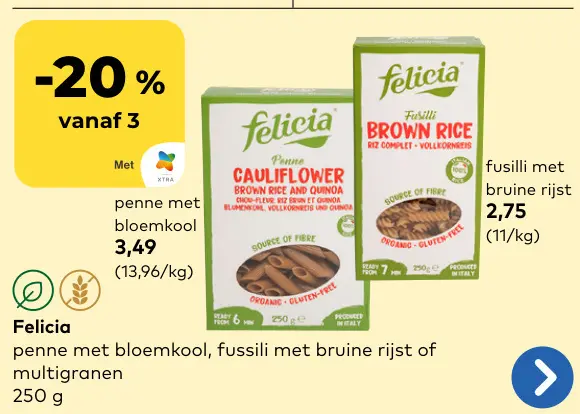 Promotie: Penne met bloemkool, fussili met bruine rijst