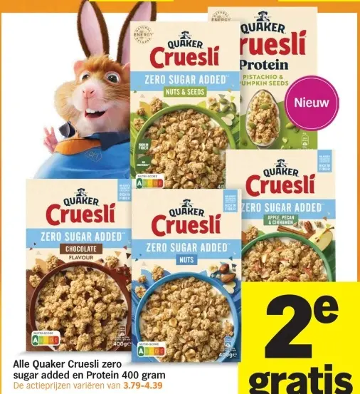 Aanbieding: Quaker Cruesli zero sugar added en Protein