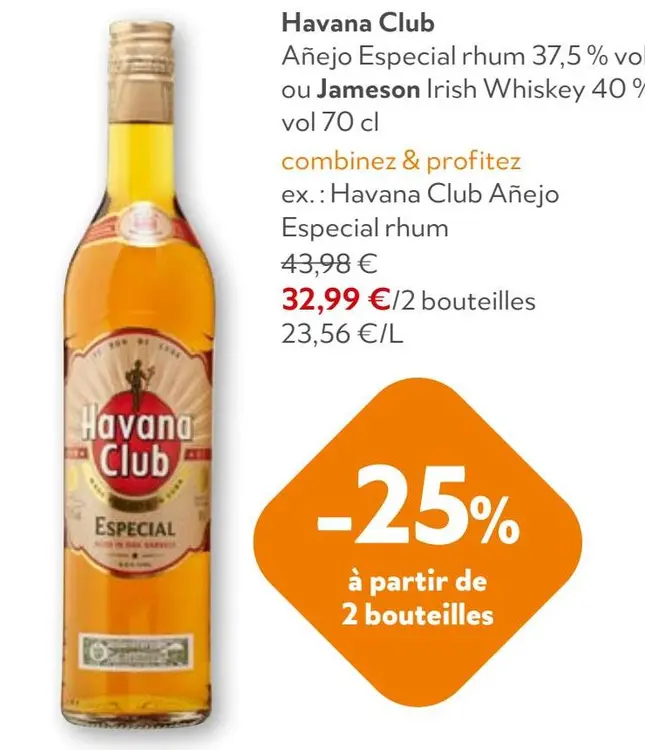 Offre: Havana Club Añejo Especial rhum ou Jameson Irish Whiskey