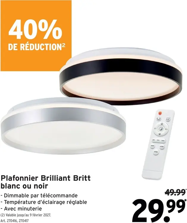 Offre: Plafonnier Brilliant Britt blanc ou noir