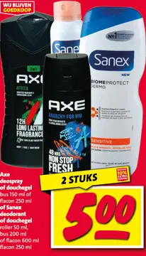 Aanbieding: Axe deospray of douchegel of Sanex deodorant