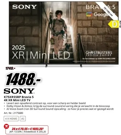 Promotie: K75XR55BP Bravia 5 4K XR Mini LED TV