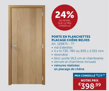 Offre: PORTE EN PLANCHETTES PLACAGE CHÊNE BELVES