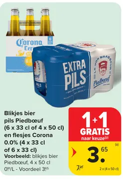 Aanbieding: Blikjes bier pils Piedbœuf en flesjes Corona 0.0%