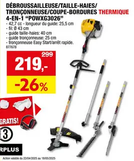 Offre: Powerplus X Garden POWXG3026 4-en-1 débroussailleuse/coupe-bordures/taille-haies/tronçonneuse thermique 42,7cc