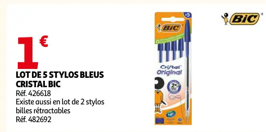 Offre: Lot de 5 stylos bleus cristal