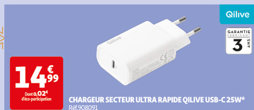 Aanbieding: CHARGEUR SECTEUR ULTRA RAPIDE QILIVE USB-C 25