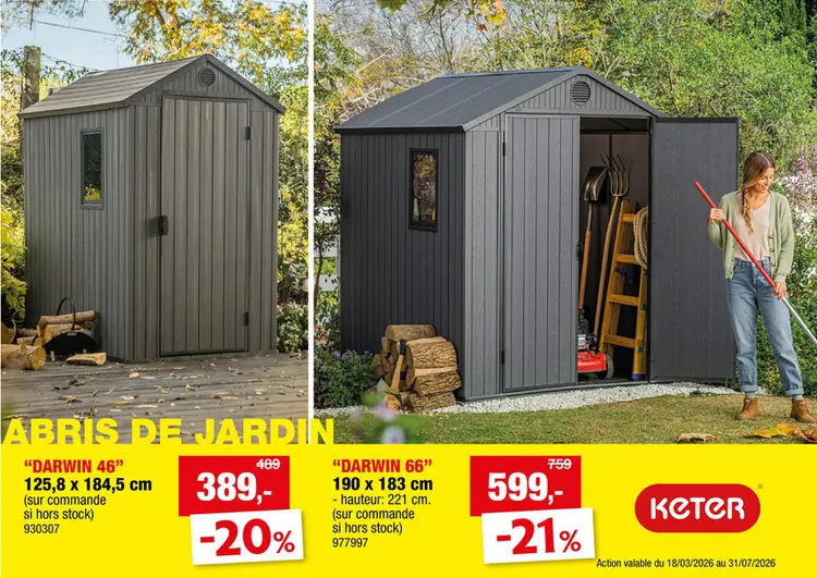 Offre: Keter Darwin 46 abri de jardin en résine 125,8x184,5x205 cm gris