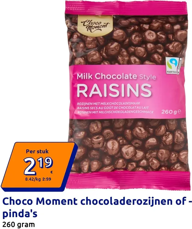 Promotie: Choco Moment Chocoladerozijnen of -pinda's