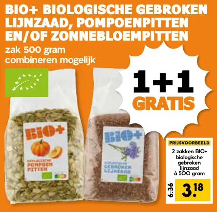 Aanbieding: Biologische gebroken lijnzaad, pompoenpitten en/of zonnebloempitten
