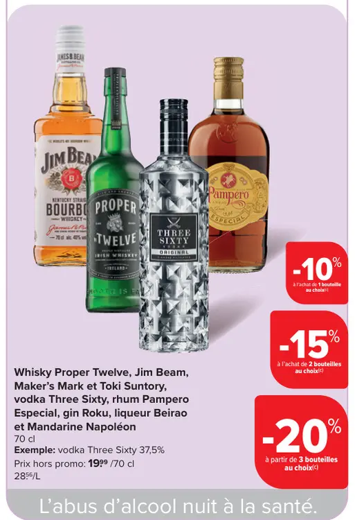 Offre: Whisky Proper Twelve, Jim Beam, Maker's Mark et Toki Suntory, vodka Three Sixty, rhum Pampero Especial, gin Roku, liqueur Beirao et mandarine Napoléon