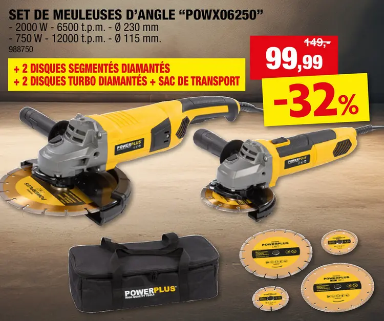 Offre: Powerplus POWX06250 meuleuse d'angle 2000W 230mm + 750W 115mm