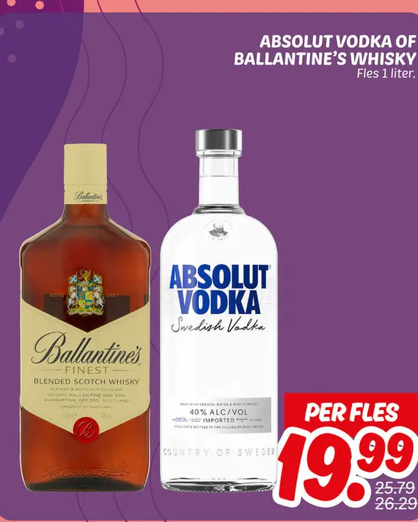 Aanbieding: Absolut Vodka or Ballantine's Whisky