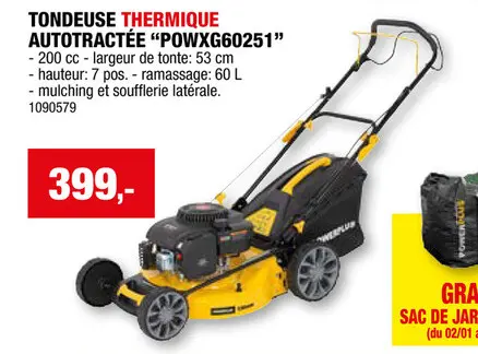 Offre: Powerplus POWXG60251 tondeuse thermique autotractée 200cc 53cm
