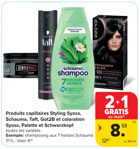 Offre: Produits capillaires Styling Syoss, Schauma, Taft, Got2B et coloration Syoss, Palette et Schwarzkopf