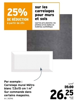 Offre: Carrelage mural Métro blanc 7,5x15 cm 1 m²