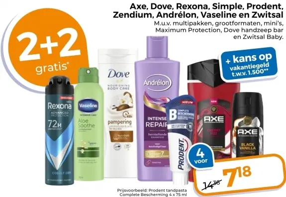 Aanbieding: Axe, Dove, Rexona, Simple, Prodent, Zendium, Andrélon, Vaseline en Zwitsal