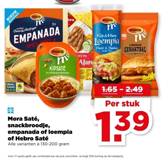 Aanbieding: Mora Saté, snackbroodje, empanada of loempia of Hebro Saté