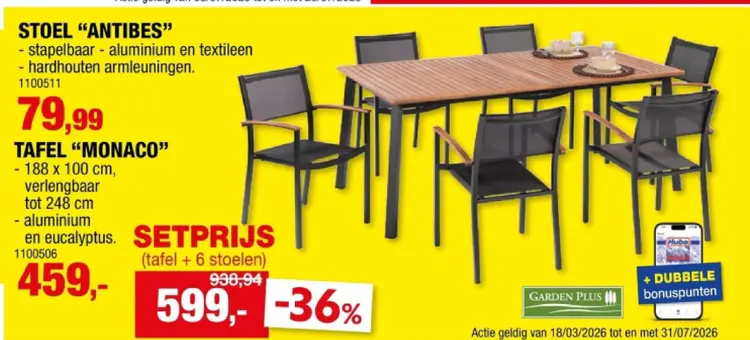 Promotie: Stoel "antibes" en tafel "monaco" setprijs