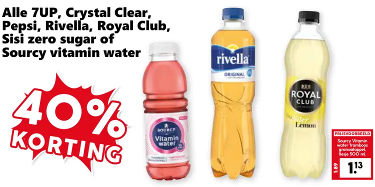 Aanbieding: 7UP, Crystal Clear, Pepsi, Rivella, Royal Clu