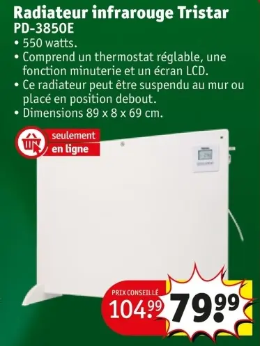 Offre: Radiateur infrarouge Tristar PD-3850E