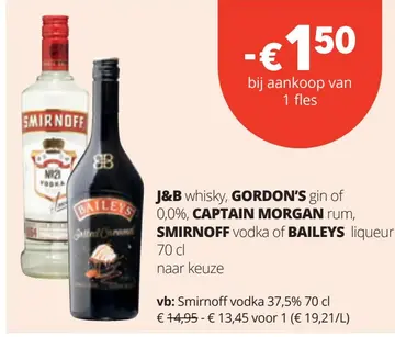 Aanbieding: J&B whisky, GORDON'S gin, CAPTAIN MORGAN rum, SMIRNOFF vodka of BAILEYS liqueur