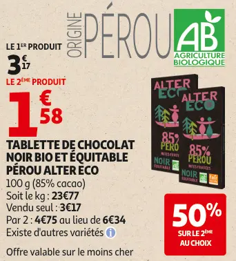 Offre: Tablette de chocolat noir bio et équitable pé