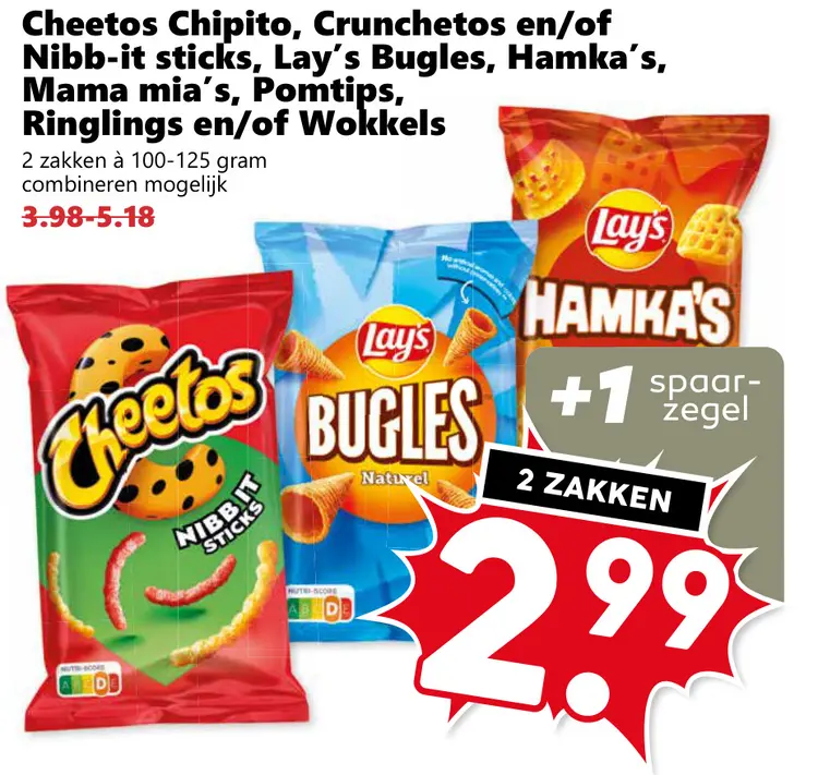 Aanbieding: Chipito, Crunchetos en/of Nibb-it sticks, Lay's Bugles, Hamka's, Mama Mia's, Pomtips, Ringlings en/of Wokkels