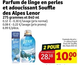 Offre: Parfum de linge en perles et adoucissant Souffle des Alpes Lenor