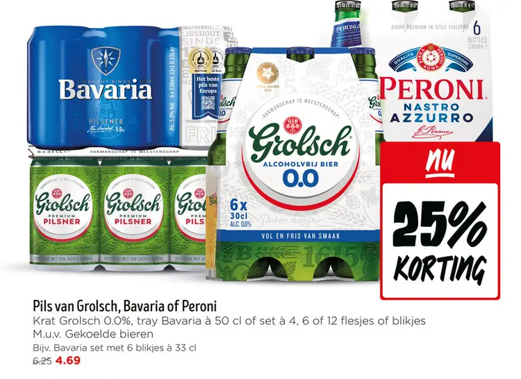 Aanbieding: Pils van Grolsch, Bavaria of Peroni