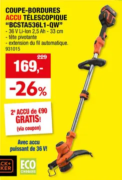 Offre: Black+Decker BCSTA536L1-QW coupe-bordures sans fil 36V Li-Ion 33cm