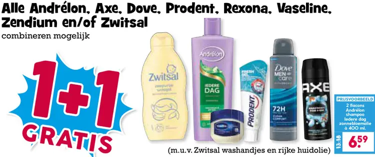 Aanbieding: Alle Andrélon, Axe, Dove, Prodent, Rexona, Vaseline, Zendium en/of Zwitsal