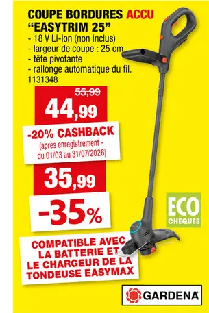 Offre: Gardena EasyTrim 25 coupe-bordures sans fil 18V Li-Ion 25cm batterie non comprise