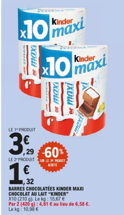 Offre: Barres chocolatées Kinder maxi chocolat au la