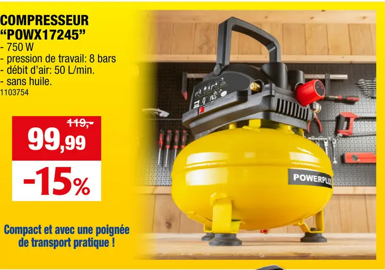 Offre: Powerplus POWX17245 Pancake compresseur 750W 11l sans huile